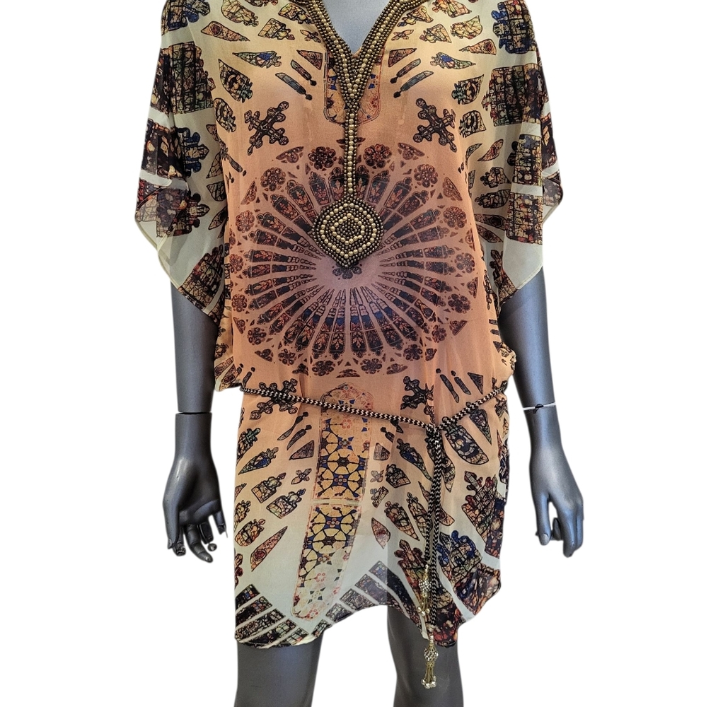 150B. NWT A La Tzarina Boho Sheer Kaftan Tunic or Swimsuit Cover Up Size L/XL